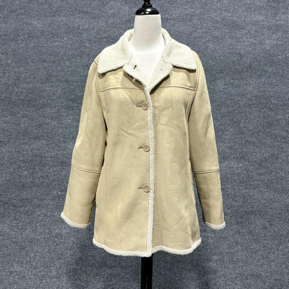 Utex Coat Womens P/S Beige Faux Suede Sherpa Lined Button Front Mid Length